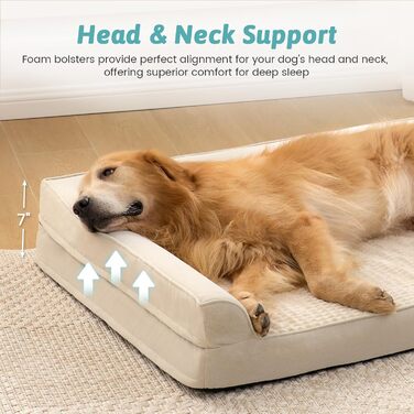 Ортопедичне ліжко для собак, диван для середніх або великих собак, великий підтримуючий кушетка з пінопласту з водонепроникною підкладкою, протиковзке, що прається, L-подібна, 44x32x7 дюймів, бежевий бежевий XL (111*81*17 см)