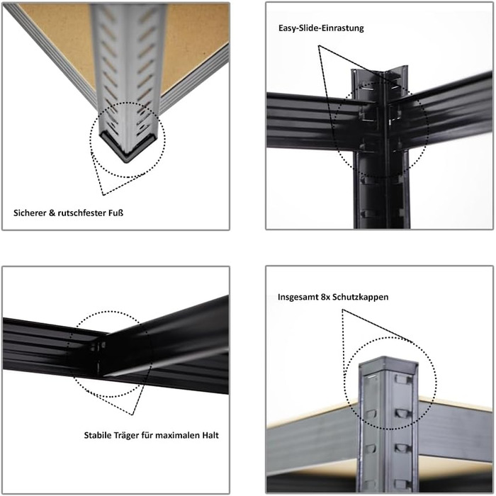 Міцний стелаж Taurus Black 180x120x60 см з вантажопідйомністю 175 кг Стелаж для підвалу, стелаж без болтів, гаражний стелаж, стелаж для зберігання 2-елементний - 180x120x60 см Чорний, 2 шт.