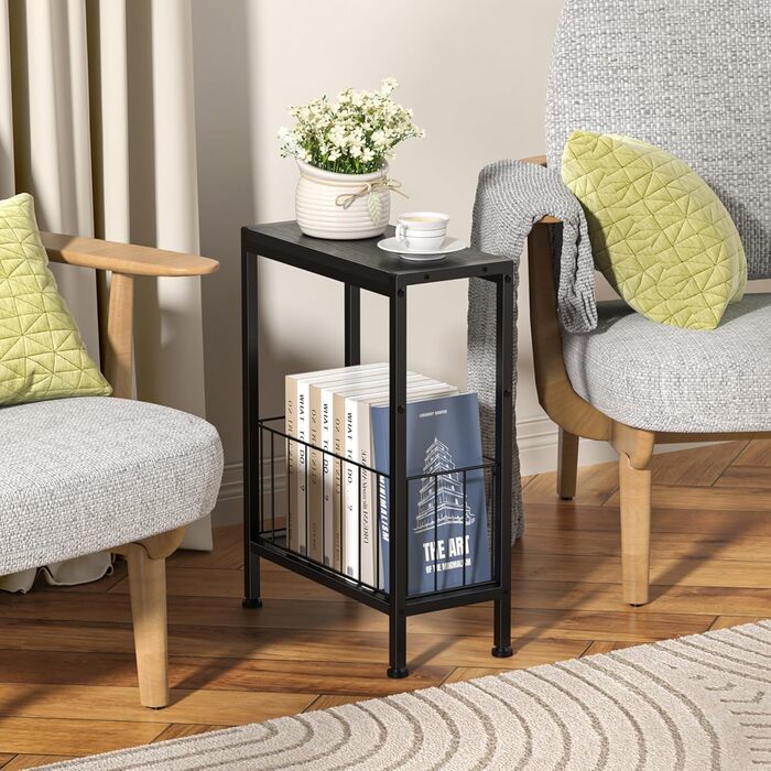 Вузький приставний столик, тонкий приставний столик з полицею для журналів, 2 полиці, вузька тумбочка біля ліжка, маленький журнальний столик для вітальні, спальні, кабінету, 20 x 43 x 58 см (Чорний)