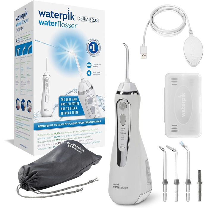 Бездротовий іригатор для порожнини рота Waterpik Advanced, 4 насадки, діапазон тиску 3.1-5.2 бар, 3 налаштування тиску, індукційна система зарядки, білий