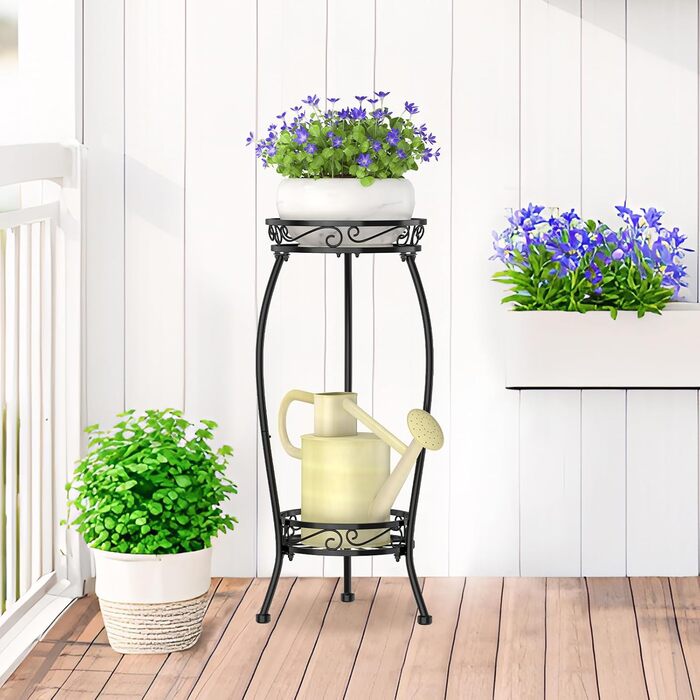 Дворівнева підставка для рослин чорного кольору для використання в приміщенні та на вулиці, для великих, високих квіткових горщиків на терасі, міцна вертикальна металева полиця для вузьких кутів підлоги, стабільний тримач-органайзер, чорний відтінок