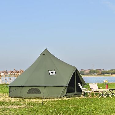 Намет-дзвін з отвором для печі, намет для глемпінгу з бавовни, простора юрта для сімей, кемпінговий намет, сімейний намет, намет-тіпі, намет-вігвам, пірамідальний намет для груп, кемпінг на свіжому повітрі, зелений, 5 м / 6-8 осіб