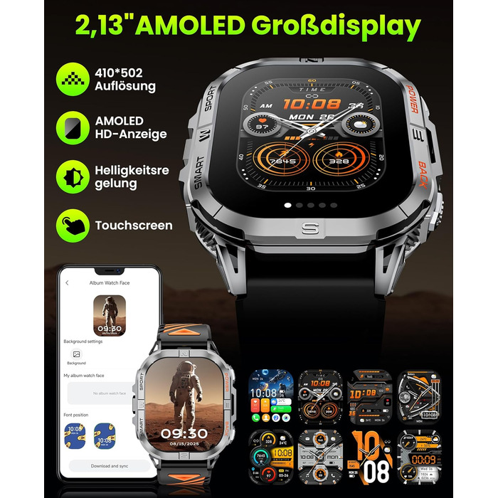 Розумний годинник для чоловіків, 2,13-дюймовий AMOLED чоловічий військовий розумний годинник, світлодіодний ліхтарик, компас, понад 100 спортивних режимів, фітнес-годинник, акумулятор 580 мАг, Bluetooth-дзвінки для iOS та Android (чорний)