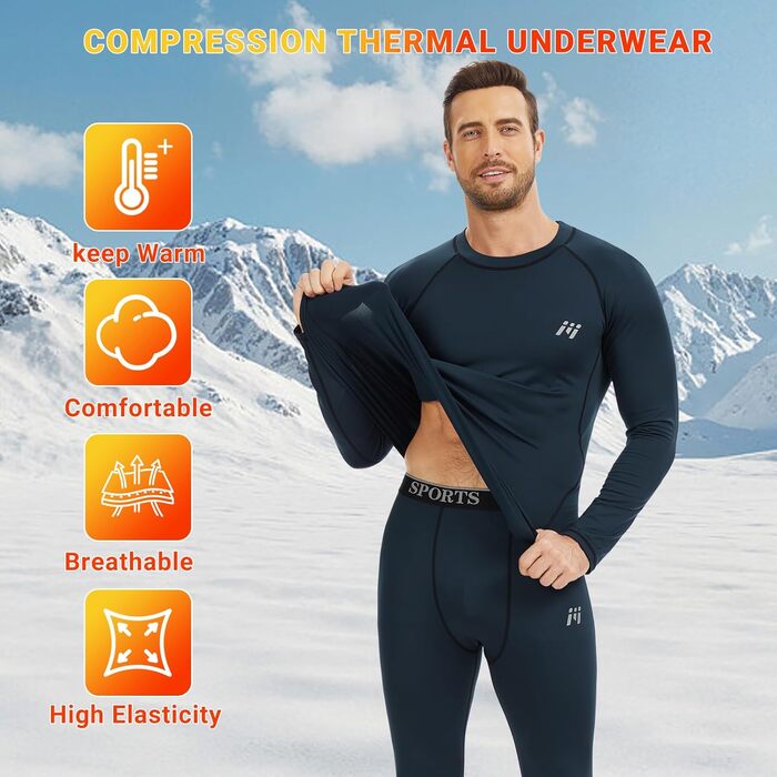 Термобілизна MEETYOO для чоловіків, 1/3 шт., функціональна білизна, лижна білизна, зимовий комплект термобілизни, тепла, м&39яка, дихаюча, для чоловіків, спортивна, чорний сірий синій, розмір L