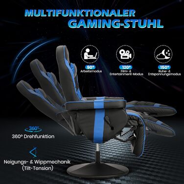 Геймерське крісло з функцією масажу, регульоване по висоті ігрове крісло з висувною підставкою для ніг та підсклянником, ергономічне офісне крісло з підголівником, поворотне гоночне геймерське крісло (синє)