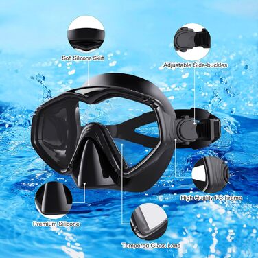 Набір для дорослого підводного плавання з преміальною сухою трубкою та маскою для дайвінгу із загартованого скла, панорамна маска для підводного плавання з кутом огляду 180, захистом від запотівання та протікання, з футляром для перенесення