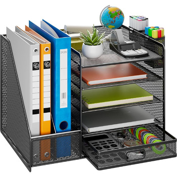 Сітчастий настільний органайзер з вертикальним тримачем для файлів, 5-ярусним лотком для паперу з висувною шухлядою та 2 тримачами для ручок, настільний органайзер з тримачем для журналів для офісного приладдя Black1