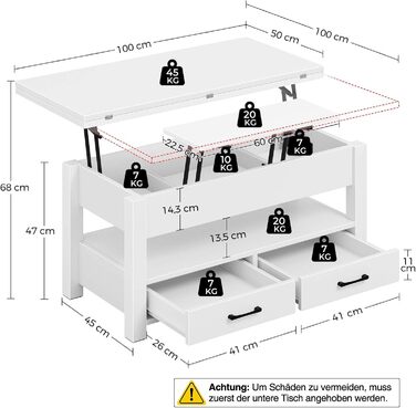 Журнальний столик Rolanstar з регульованою висотою, стіл для вітальні з шухлядою та прихованим відділенням, який трансформується в обідній стіл, дерев&39яний диван-столик 100 x 50 см, білий