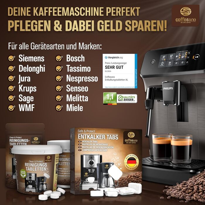 Таблетки для видалення накипу Coffeeano 50 для кавомашин та автоматичних кавоварок. Таблетки для декальцинації Delonghi, Siemens (серія EQ), Jura, Krups, Bosch, Miele, Melitta, WMF та інших. 50 таблеток