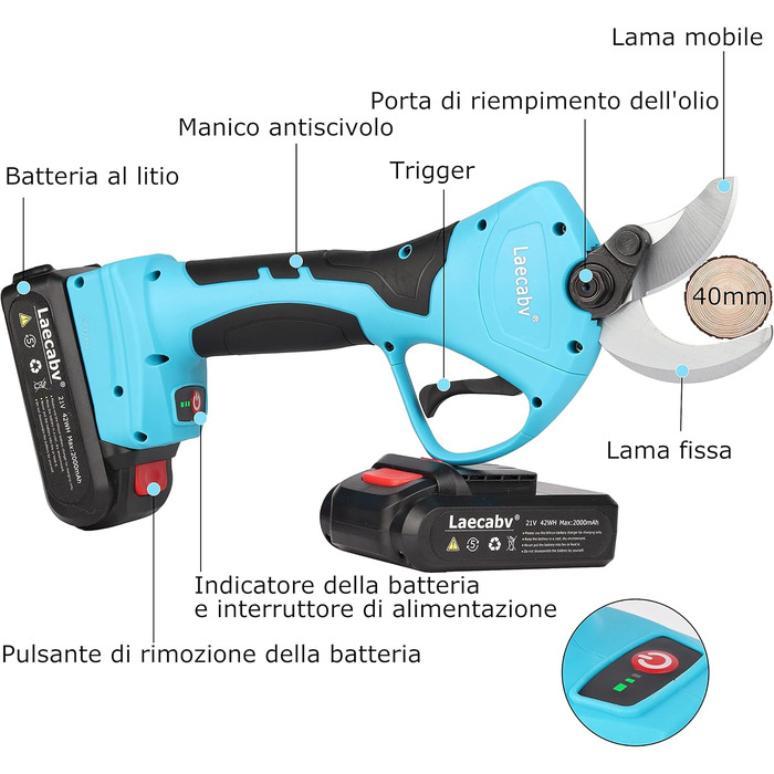 Професійні електричні садові ножиці Laecabv 40 мм, акумуляторні ножиці 21 В для саду, електричні ножиці для гілок, акумуляторні садові ножиці з безщітковим двигуном