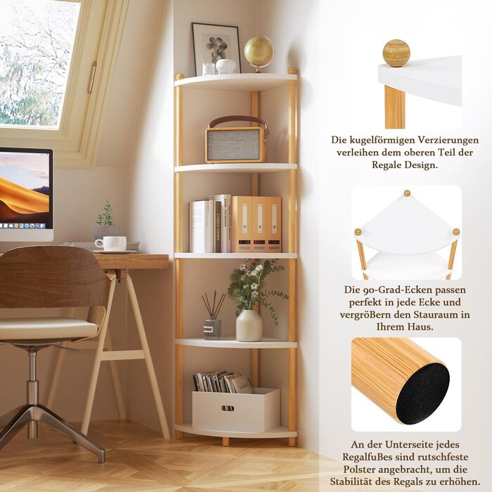 Кутова полиця Ruichang, стояча, 5 ярусів, книжкова полиця, окремостояча полиця, полиця для зберігання, складська полиця для кухні, ванної кімнати, вітальні, офісу, 143,5 x 29 x 29 см, біла