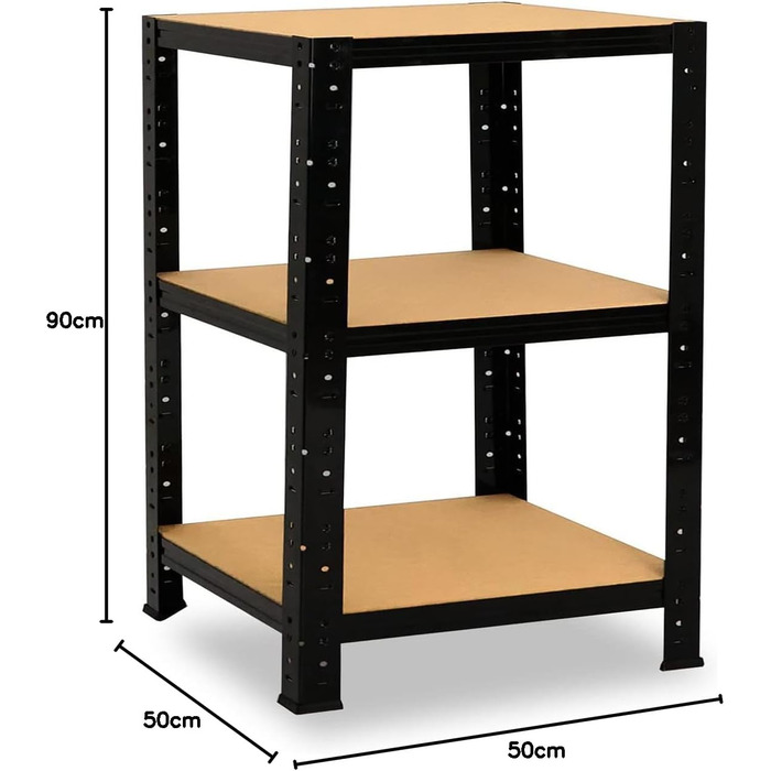 Чорна надміцна полиця/Металева полиця 3 полиці вантажопідйомністю 175 кг кожна/Полиця для зберігання для підвалу та дому/Металева полиця настільна В 90 см / Ш 50 см / Г 50 см, 90x50x50