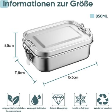 Ланчбокс Joyfair з нержавіючої сталі, бенто-бокс з 3 відділеннями, герметичний контейнер для їжі для дорослих та дітей, металева коробка для сніданку/обіду для школи, пікніка та подорожей, можна мити в посудомийній машині 850 мл