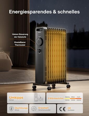 Масляний радіатор PELONIS потужністю 2300 Вт з J-подібними ребрами, масляний нагрівальний елемент з 3 режимами нагріву та термостатом, тихий електричний обігрівач із захистом від перекидання, енергоефективний клас А для спальні, вітальні, офісу, 11 ребер,