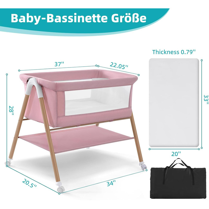 Дитяче ліжечко, переносне ліжечко з матрацом для дитячих ліжок на колесах, дорожнє ліжечко з москітною сіткою та місцем для зберігання для немовлят та новонароджених, легка та дихаюча сітчаста конструкція, рожевий колір
