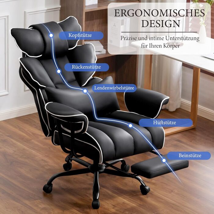 Ігрове крісло, Ергономічне офісне крісло, Крісло керівника зі штучної шкіри, Вантажопідйомність 200 кг з підставкою для ніг та поперековою опорою, Крісло для домашнього офісу, Регульоване крісло з високою спинкою, Обертове крісло (Чорне)