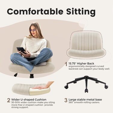 Офісне крісло IWMH без підлокітників, поворотне крісло з регульованою висотою та коліщатками, письмове крісло з тканинною оббивкою, крісло для читання з ширшою подушкою для сидіння зі схрещеними ногами (бежеве з коліщатками)