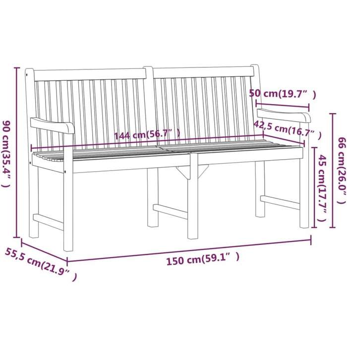 Тверда садова лавка з акацієвого дерева Лавка для парку Лавка дерев'яна лавка Масивна дерев'яна лавка Лавка для саду Патіо Лавка для балкона Лавка на відкритому повітрі 150см 150 x 55.5 x 90 см