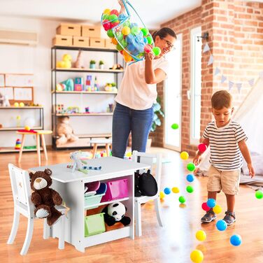 Дитячий комплект сидіння Relaxdays ALBUS з місцем для зберігання, 1 стіл та 2 стільці з дерева, дитячий набір столів для хлопчиків та дівчаток, білий, сучасний