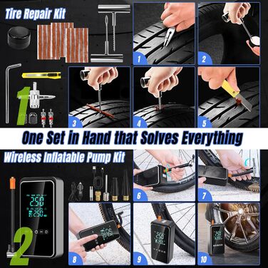 Електричний повітряний насос, портативний електронний повітряний насос з комплектом для ремонту шин, електричний компресорний вело