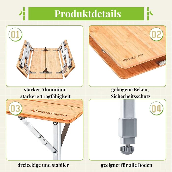 Складаний кемпінговий стіл KingCamp з бамбука, регульована висота (45/52/65 см) для 4-6 осіб, складний кемпінговий стіл з сумкою для перенесення, вантажопідйомність до 80 кг, 100 x 65 см, 3 фіксовані рівні висоти 100 x 65 см