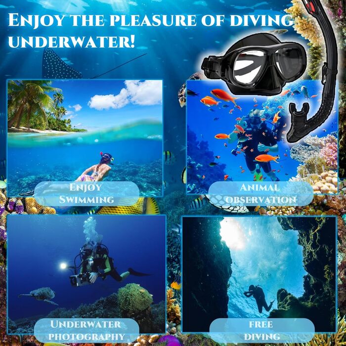 Набір для снорклінга з лінзами для корекції зору, діоптрій від 0 до -6, комплект для дорослого снорклінга з маскою для дайвінгу з захистом від запотівання та сухим снорклінгом, комплект для дорослого снорклінга чорного кольору -3.5