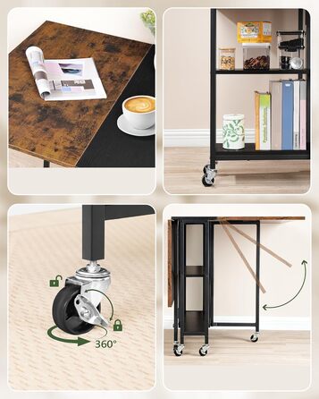 Розкладний обідній стіл, кухонний стіл, мобільний стіл, розкладний стіл з 6 коліщатками, що блокуються, та 2 полицями, для кухні, вітальні, квартири, сільський коричневий та чорний DTCZ01BF Рустикальний коричневий, чорний