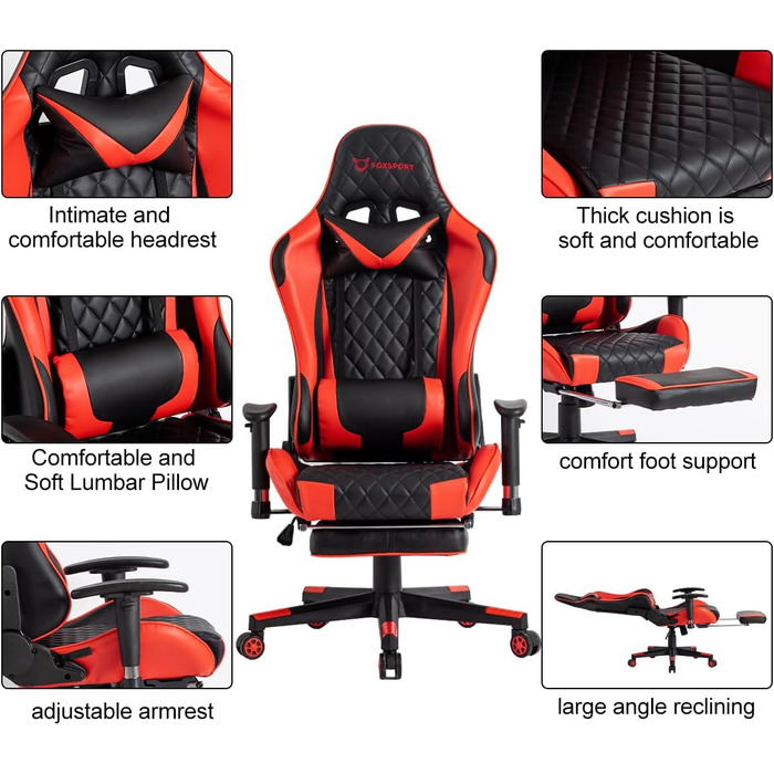 Ергономічне ігрове крісло, повністю регульоване з підлокітниками, підставкою для ніг, підголівником, спинкою та подушкою функція нахилу максимальний комфорт для геймерів та офісних працівників. З підставкою для ніг, червоного кольору.