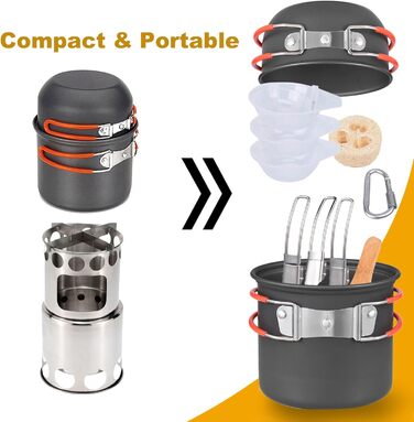 Портативний набір посуду для кемпінгу, алюмінієві каструлі з антипригарним покриттям, нержавіюча сталь, кемпінгова плита, складне начиння, повний комплект посуду для приготування їжі на свіжому повітрі та кемпінгу.