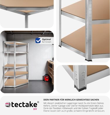 Стелаж для майстерні tectake, міцний кутовий стелаж з 5 полицями, металевий стелаж для зберігання, стелаж для підвалу, аксесуари для гаража, органайзер для складського приміщення, стелаж без болтів, для зберігання, вантажний стелаж - 875 кг, 180 x 89,5 x 