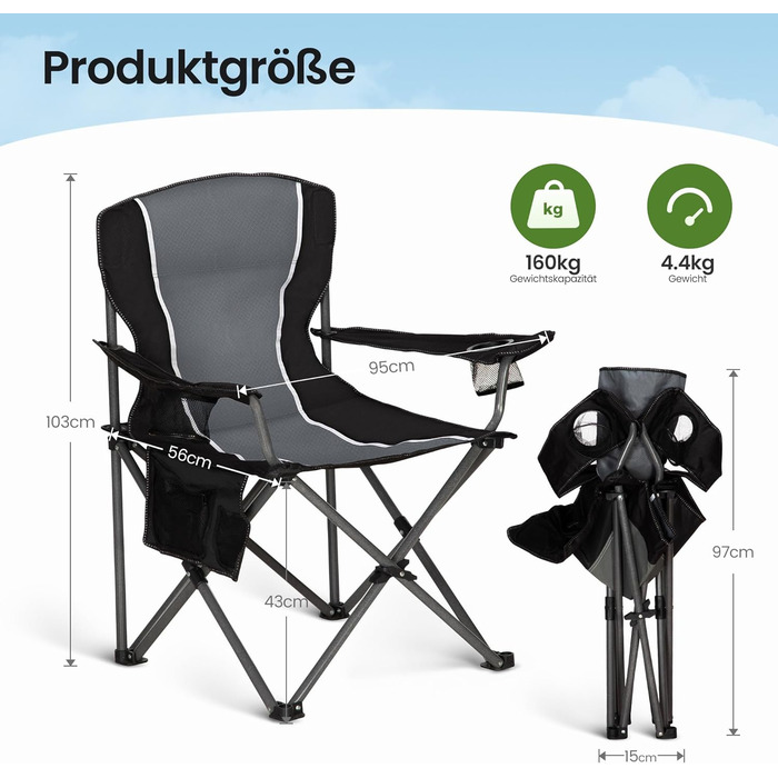 Комплект із 2 предметів Складане кемпінгове крісло, Складане крісло до 160 кг Кемпінгове крісло Складане крісло з підставками для чашок Складане крісло Кемпінгове рибальське крісло (сіре)