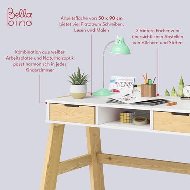 Дитячий письмовий стіл Bellabino Campo регульований по висоті з дерева в білому/натуральному кольорі з 2 шухлядами, 1 полицею і 3