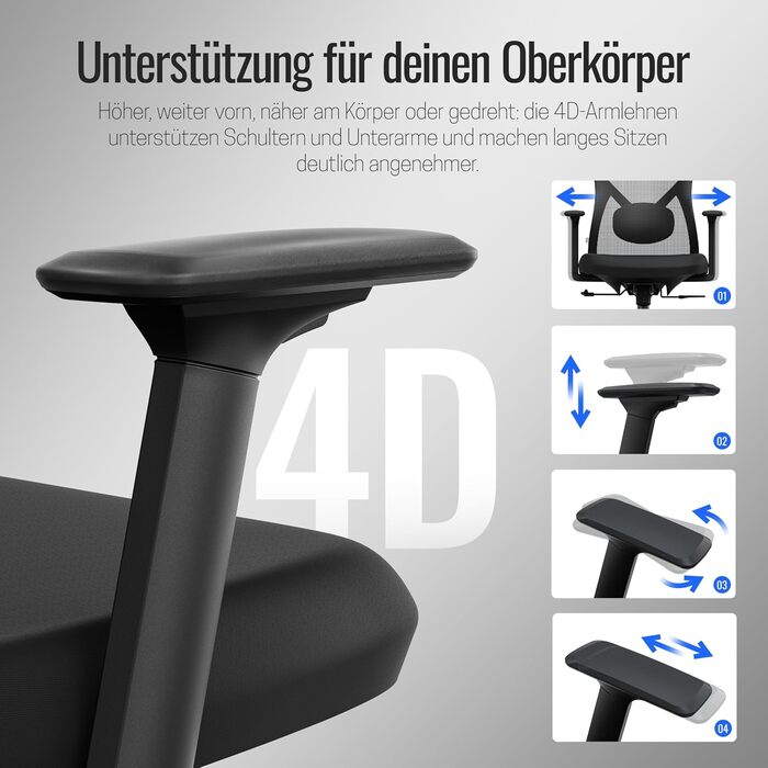 Офісне крісло року 2026, ергономічне робоче крісло з підголівником, 2D поперековою опорою та 4D підлокітниками, обертове крісло для здорового сидіння, для домашнього офісу та офісу, універсальні колеса, 150 кг Black Plus (універсальні колеса)