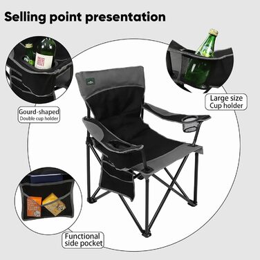 Складаний кемпінговий стілець Northroad, м&39який складний стілець з підставками для чашок та боковими кишенями, витримує до 136 кг, портативний рибальський стілець для пікніків, активного відпочинку на свіжому повітрі, походів - чорний