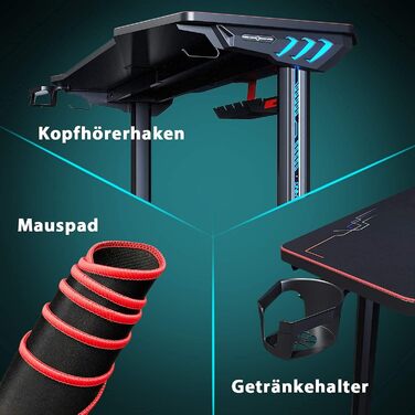 Ігровий стіл SONNI зі світлодіодним освітленням, площа поверхні 140 см/стіл для ПК/ігровий стіл, підтримує 2-3 монітори з килимком для миші, тримачем для напоїв та гачком для навушників, 140 x 60 см