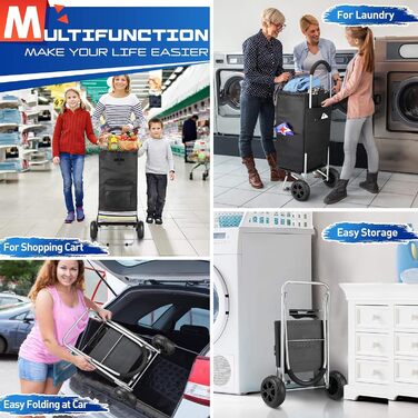 Складний візок для покупок, 75 л, 2-в-1, з 2 колесами, з рамою з нержавіючої сталі та знімною водонепроникною сумкою з брезенту (чорний)