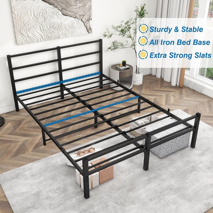 Металеве ліжко 140x200 см з каркасом ліжка з узголів&39ям та узніжжям, ліжко для дорослих, гостьове ліжко, двоспальне ліжко, чорне 140 x 200 см