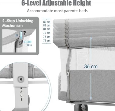 Дитяче ліжечко LIFEZEAL, 6-рівневе регулювання висоти, дитяче ліжко з матрацом та колесами, портативне дорожнє ліжечко для дітей 0-6 місяців, колиска з кошиком для зберігання (світло-сірий)