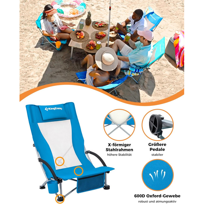Низький складний пляжний стілець KingCamp, легкий, витримує до 180 кг, складний пляжний стілець із сітчастою спинкою, тримачем для напоїв та сітчастою кишенею, легкий складний кемпінговий стілець, складний стілець для пляжного кемпінгу Hr 2 шт., синє сітч