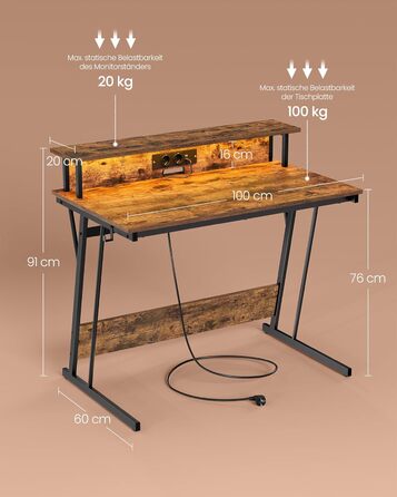 Ігровий стіл із вбудованим подовжувачем, Комп&39ютерний стіл, з підставкою для 2 моніторів, Спальня, 60 x 100 x 76 см, Вінтажний коричневий LWD191K01 100 x 60 см Вінтажний коричневий