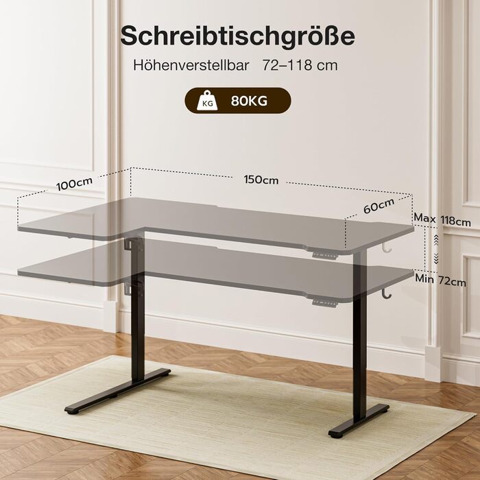 Кутовий стіл, регульований по висоті, L-подібний, 150 x 100 см, електричне регулювання висоти, ергономічний стіл з підставками для чашок та гачками, міцний офісний стіл, чорний, L-подібний, 59