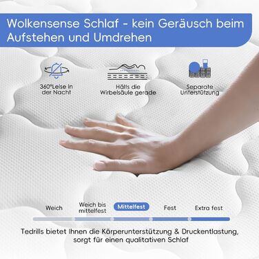 Матрац 90x200 7-зонний пружинний матрац Матрац з пружинами кишенькової форми, висота 22 см Ортопедичний матрац, середньої жорсткості (H3) Матрац, сертифікований Oeko-Tex (90x200 см)