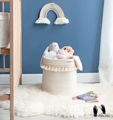 Декоративний кошик Mkono з макраме з бавовняної мотузки, декор для дитячої кімнати в стилі бохо, маленький, милий, плетений пензлик, шафа, контейнер для зберігання дитячих іграшок, журналів, вітальня, спальня, колір слонової кістки 11&39x11&39