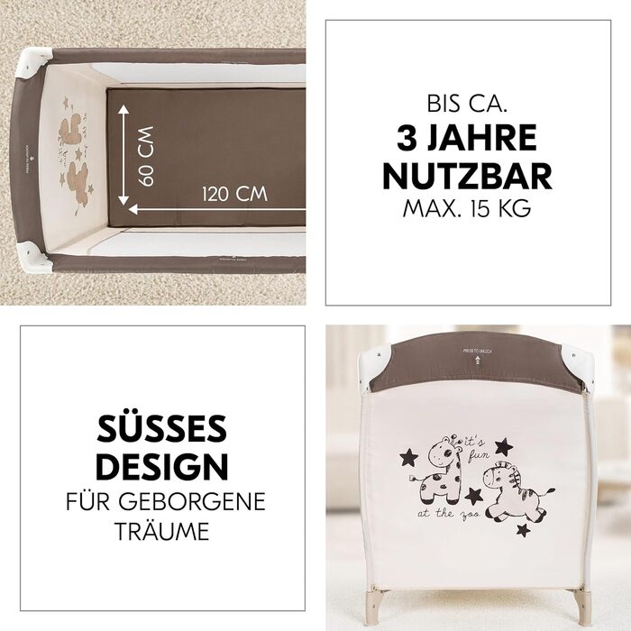 Дорожнє ліжечко Hauck Babycenter Zoo - вкл. вкладиш для новонароджених, пеленальний килимок, ігрова арка з музичним мобілем, лоток для зберігання, колеса, матрац, сумка для перенесення (регульована по висоті та складається) - 120x60 см