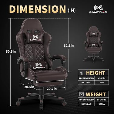 Ігрове крісло, Велике ігрове крісло, Ергономічне офісне крісло з підставкою для ніг, Ігрове крісло 200 кг, Ігрове крісло зі штучної шкіри, Регульоване по висоті крісло з поворотом на 360 (Коричневе)