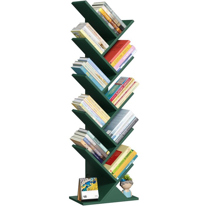 Книжкова полиця у формі дерева, 10-ярусна окремостояча полиця для книг/CD/журналів, DVD, дерев&39яна книжкова полиця для вітальні, спальні та домашнього офісу, темно-зелена, 20Г x 34Ш x 101В см