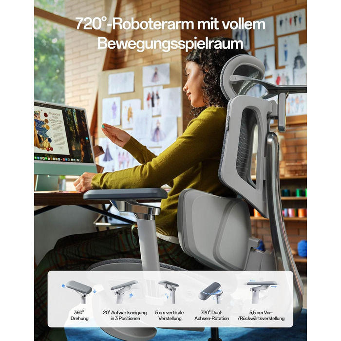 Інтелектуальне ергономічне крісло Hbada X7, офісне крісло, з повністю автоматичною поперековою опорою, регульованим підголівником 4D, регульованими підлокітниками 720, вентильованою подушкою сидіння, функцією повороту, сірим поліпропіленом