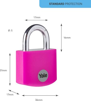 Замок навісний Yale YE3B/32/116/1/P, 32 мм, алюмінієвий, рожевий, з подвійним замиканням, загартована дужка Ø 5 мм, 3 ключі в комплекті, для шафок, інструментальних ящиків, шаф. Рожевий, 32 мм.
