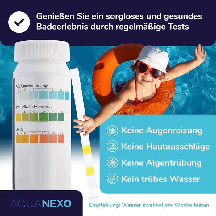 Тестові смужки для басейну AQUANEXO 100, 3-в-1, Аксесуари для басейнів, Тестер для дитячих басейнів, Гідромасажний басейн, Тестер води для басейнів, Тестер pH та хлору для басейну, Тестові смужки для pH