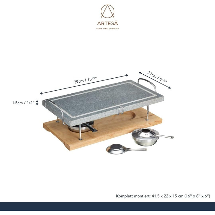 Кам'яний гриль для стейків, морепродуктів та овочів, 41.5 x 22 x 15 см - Мармуровий/Дерев'яний гриль з гарячим каменем у подарунковій коробці